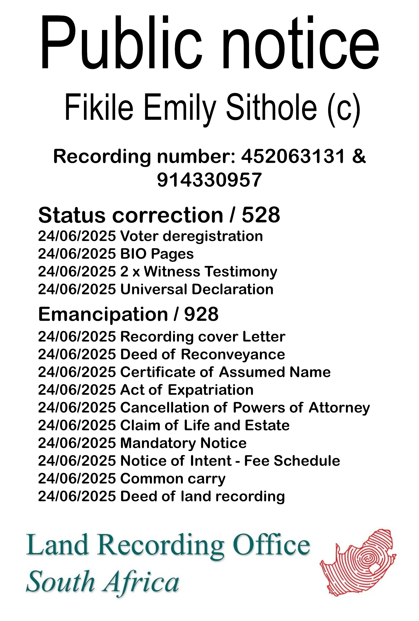 Public notice Fikile Emily Sithole (c) Recording number 452063131 & 914330957